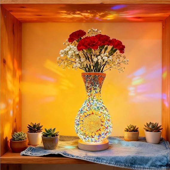 Turkish Moroccan Style Mosaic Vase Table Lamp Colorful Glass Table Light with Wood Base USB Charge for Girl's Room Bedroom Living Room Balcony Nursery(5.11in*11in)