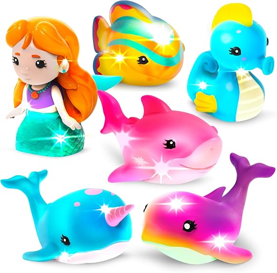 Tub Works Mermaid LagoonTM Light Up Bath Toys, 6 Pack | Water-Activated Light Up Toys Flash & Change Color | Easy-Grip Baby Girl & Toddler Bath Toys | Sensory Mermaid Toy Bathtub Toys with Bath Lights