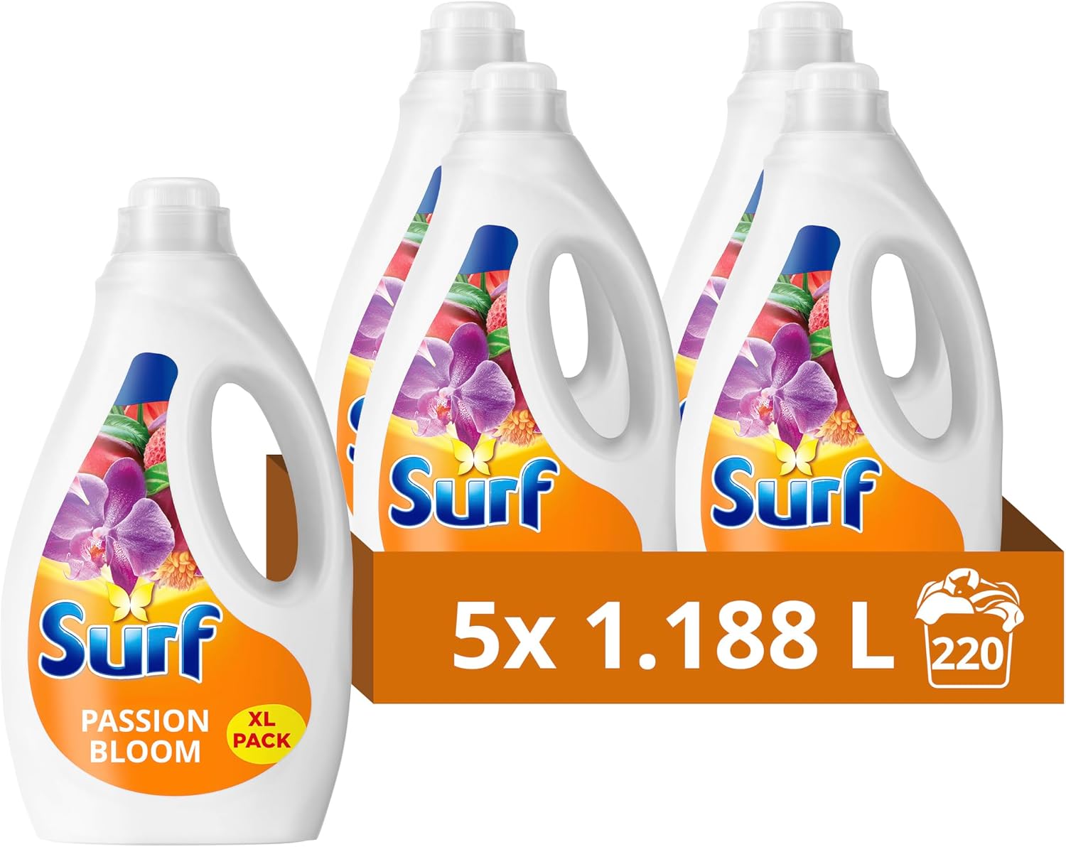 Surf Passion Bloom Laundry Washing Liquid 220 washes with a joy-infused fragrance with natural essential oils lasting up to 12 hours in wear Detergent for brilliantly clean results (5x 1.188 L)