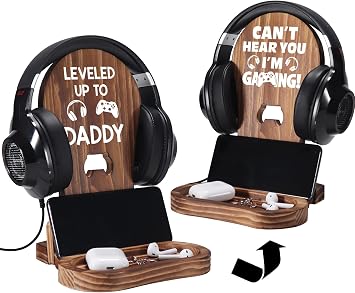 Slothoem Gamer Gifts for New Dad, New Expecting Dad First Fathers Day, New Dad Announcement, Best Birthday Gift for New Father, for Husband Soon-to-be-Dad, Wooden Headset Stand-Leveled Up To Daddy