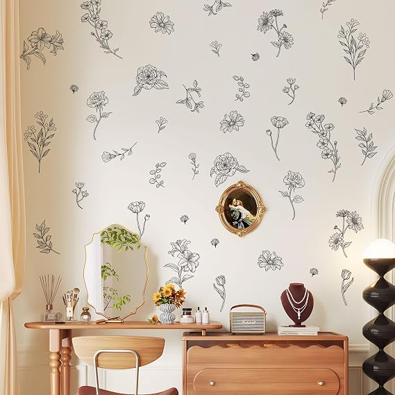 15 Sheets Sketch Wildflower Wall Stickers DIY Garden Floral Decals