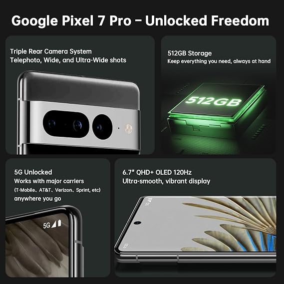 Google Pixel 7 Pro Unlocked Android Phones - 5G Smartphones, 6.7" QHD OLED, Triple Camera, 24-Hr Battery