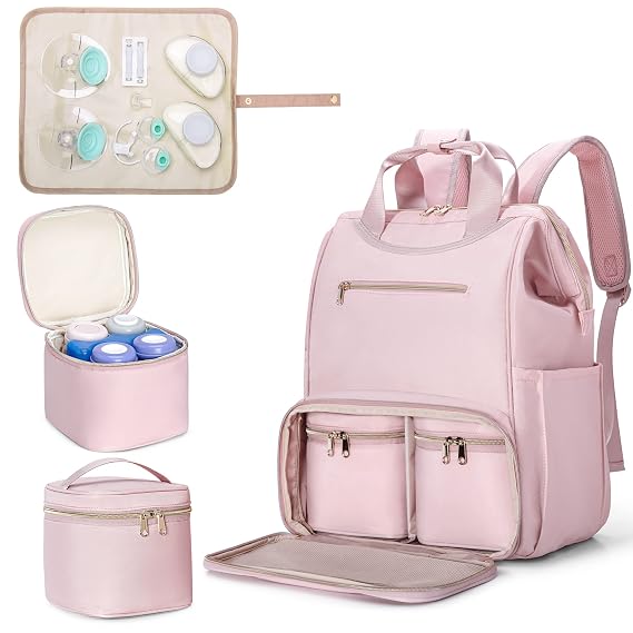 Fasrom Breast Pump Organizer Bag, Pumping Backpack with Cooler | Compatible with Momcozy, Medela and Elvie Hands Free Pumps, 2 Small Bags, for Nursing Moms, Holds Pump Accessories, Pink