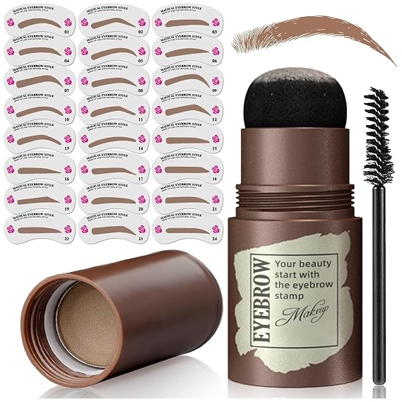 Eyebrow Stamp Stencil Kit - Eyebrow Stamp with Brush Waterproof Brow Shaping Kit with 24 Reusable Eyebrow Stencils Gifts for Mom (Medium Brown)