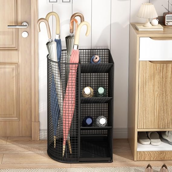 Commercial Metal Umbrella Holder Indoor Large-Capacity Umbrella Storage Shelf Umbrella Basket with Removable Drip Tray for Entryway Metal Entrance Umbrellas Organizer(Black)