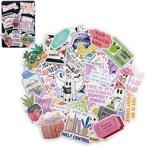 Bookish Reading Stickers for Kindle Skin, Funny Aesthetic Book Lover Gift Fun Fantasy Booktok Items Paperwhite Accessories Case Decal,Waterproof Water Bottle Sticker for Student 50pc/Pack