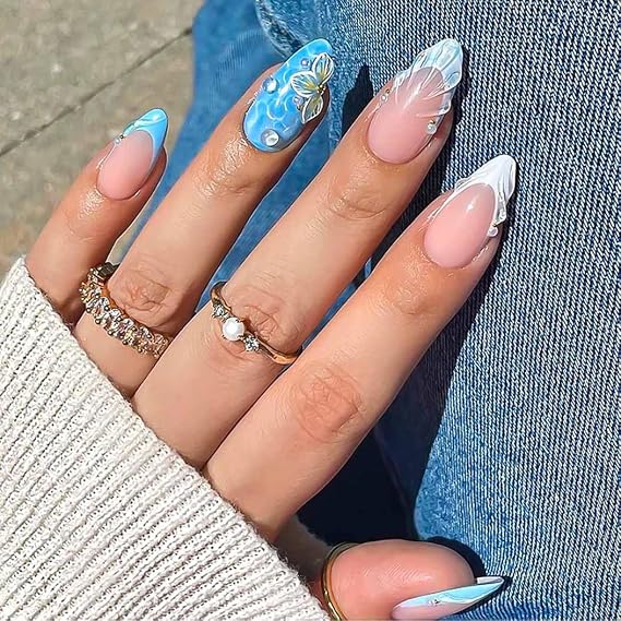 RikView Almond Press on Nails Medium Fake Nails French Tips Nails with 3D Design Blue Nails Glossy Full Cover Nails 24 PCs/Set