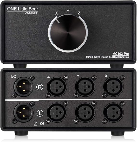 DoukAudio XLR Audio Switcher 3-In-1-Out: Balanced Passive Selector Stereo Converter for Multi Source Comparison Gold Plated Shielded Aluminum Studio HiFi Audiophile