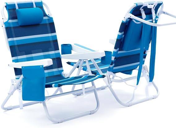 Beach Chair 2 Pack, Mesh Fabric 5 Positions Folding Reclining Beach Chair with Backpack Straps, Cooler Bag & Cup Holder for Outdoor Lawn Camping