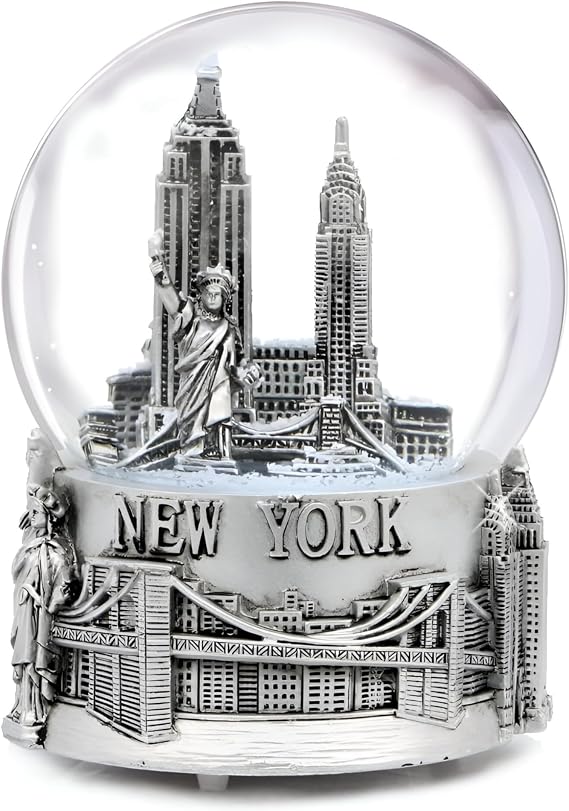 Musical Silver New York City Snow Globe with Sculpture Base [5.5 Inch]