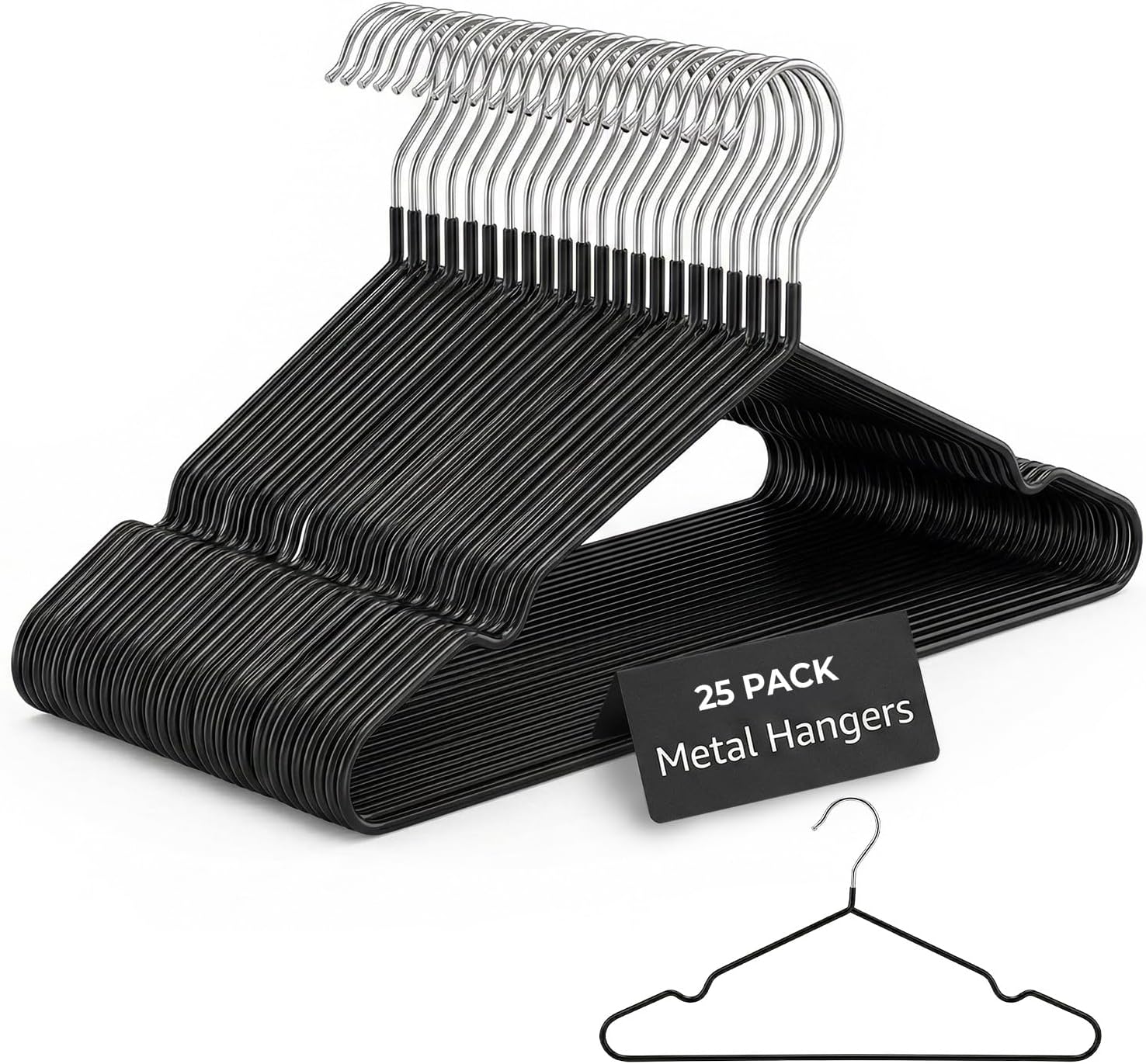 Rainberg 25 Pack Premium Rubber Coated Metal Hangers, Heavy Duty, Space Saving Organiser Clothes Hangers For Wardrobes, Coat Rack Rails Thin and Non-Slip Black (25 Pack)