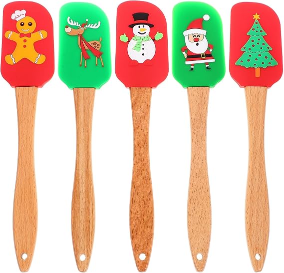 Cabilock 5pcs Christmas Spatula Set, Household Silicone Stir Butter Cream Utensils with Wooden Handle, Christmas Cake Decorating Spatula Tools for Baking Cooking (mixed Style)