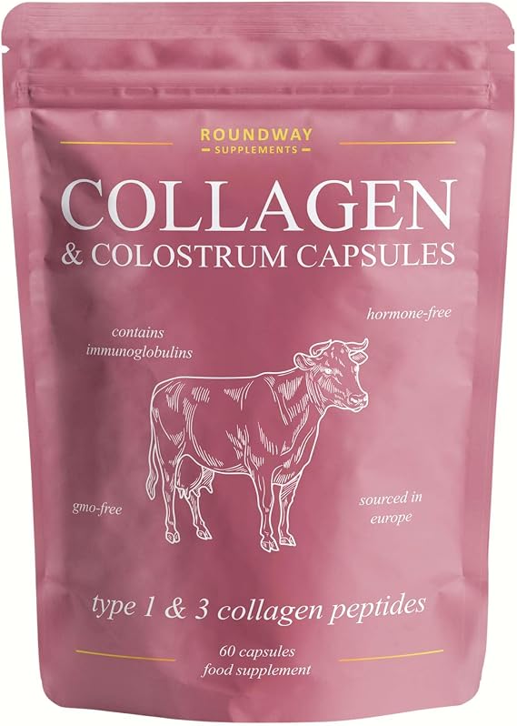Collagen Colostrum Capsules, 100% Freeze-Dried Bovine Colostrum with High Levels of Immunoglobulin G (IgG), Unflavoured, GMO-Free, Hormone-Free, 30 Days Supply | Made in The UK by Roundway Supplements