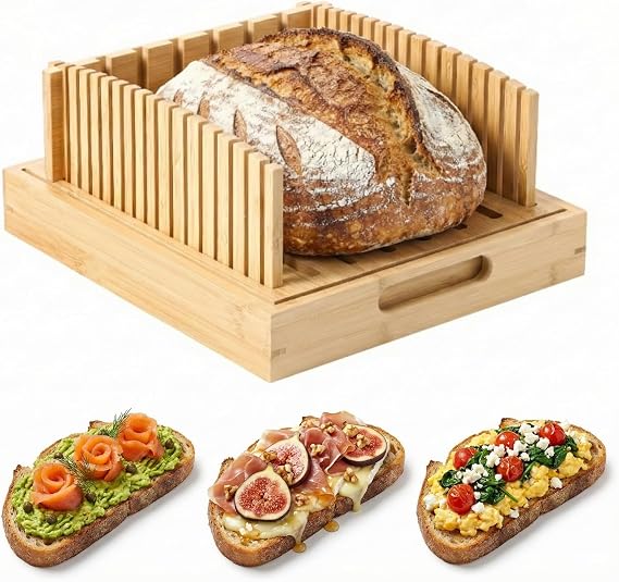 10.5" Bamboo Bread Slicer for Homemade Bread - Sourdough Slicing Guide with Crumb Catcher & Stable Mortise-Tenon Structure