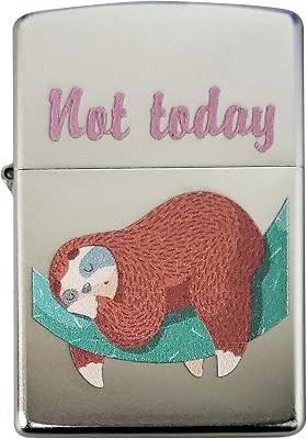 Zippo Custom Lighter - Not Today Cute Sleeping Sloth in Tree - Regular Satin Chrome - Gifts for Him, for Her, for Husband, for Wife, for Them, for Men, for Women