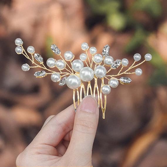Evild Pearl Bridal Hair Clip Wedding Hair Comb Gold Rhinestone Hair Accessories for Women(Gold)