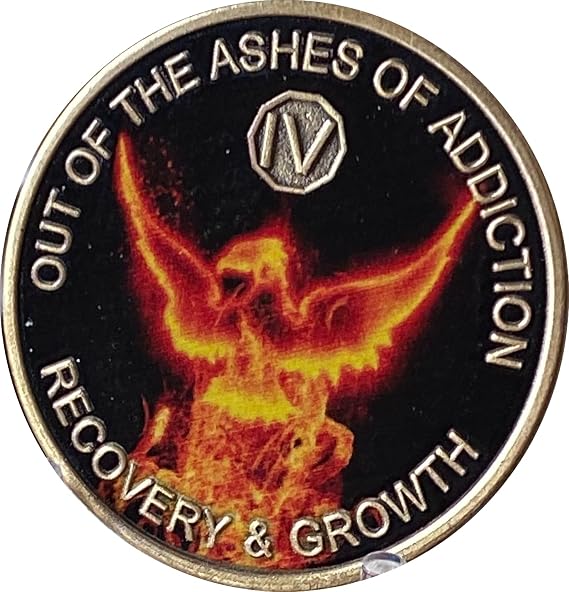 RecoveryChip 4 Year Color Out of The Ashes of Addiction Phoenix Flames Sobriety Chip AA NA Medallion
