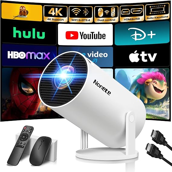 [2026 Upgraded] Mini Projector Support 4K 1080P FHD Auto Keystone 270 Rotatable with WiFi 6 and Bluetooth 5.2 Projector Portable Compatibile with HDMI/TV Stick/Memory Stick/Laptop,White