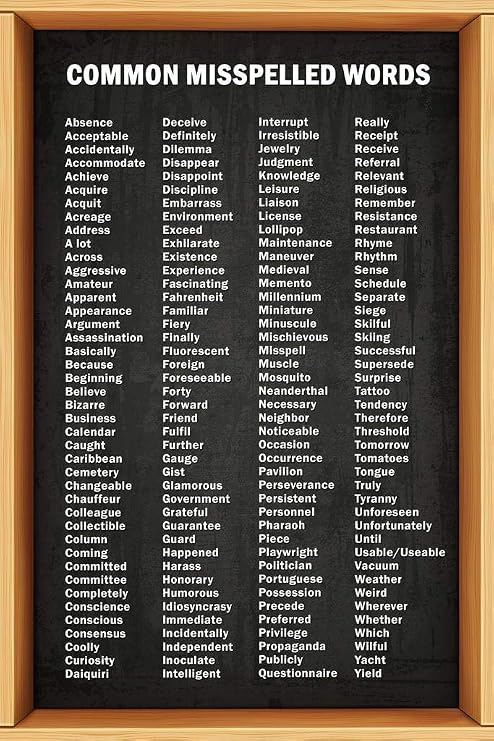 Laminated Commonly Misspelled Words Poster Writing Spelling For Middle School Classroom Elementary High Poster Dry Erase Wall Art 12x18