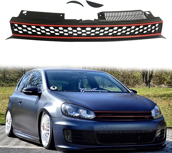 Badgeless Grill Black With Red Trim Hex Mesh Grille For 2010 2011 2012 2013 2014 Volkswagen GTI Jetta Golf