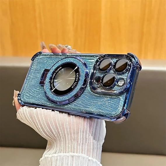 iPhone 17 Air用 グリッターウォーターホールマグネットスタンドケースエアバッグ耐衝撃カバー（iPhone 17 Air/ブルー）