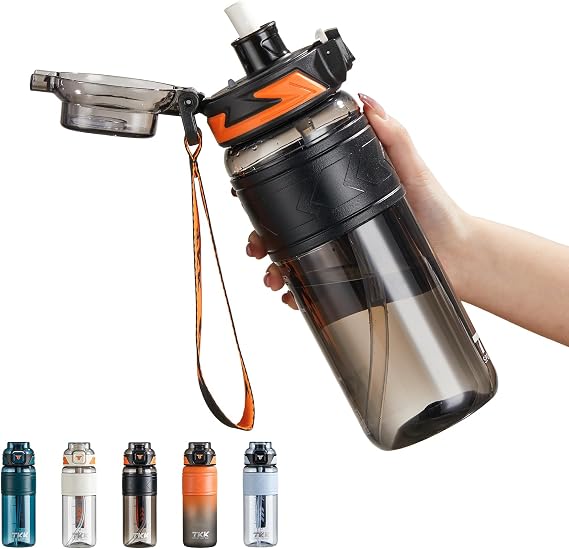 TKK Sports Water Bottles with Removable Straw 29 oz Leak-proof Flip Top Lid BPA Free Tritan Bottles with Strap for School, Fitness, Gym, Outdoor, Black