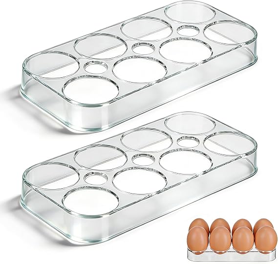 2 Pack Fridge Egg Tray for Kitchen Organisation - Egg Holder - Egg Storage Container - Space Saving Fridge Organisers and Storage for Kitchen - Holds 16 Eggs, Clear BPA-Free Plastic