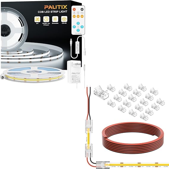 PAUTIX COB LED Strip Light Daylight White 6000K 16.4ft,20pcs Strip to Wire Connectors,10ft(305cm) Long 22AWG Extension Wires
