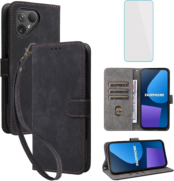 Fairphone 5用ウォレットケース スクリーンプロテクター付き RFIDブロック レザーケース カードホルダー キックスタンド 携帯電話カバー Fair Fairphone5用 -ブラック