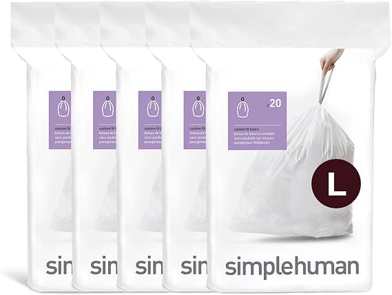 simplehuman Code L 100 Count Custom Fit Liners, Drawstring Kitchen Trash Bags, One-by-One Mess-Free Dispense, Extra Thick & Double Seamed, 50% PCR Plastic, 18 Liter / 4.7 Gallon, White