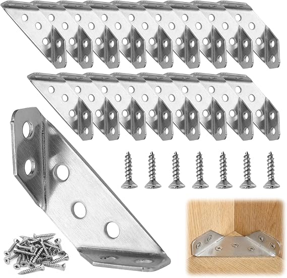 20 Pcs Corner Connector, Angle Brackets, Corner Brackets for Wood, Triangle Angle Bracket, Stainless Steel Corners Braces, with Screws, for Furniture, Shelves, Cabinet, Table, Chair Storage Rack
