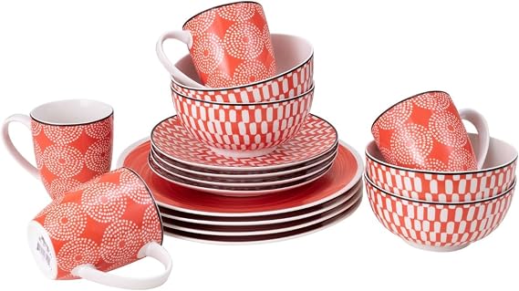 Euro Ceramica Simpatico 16 Piece Stoneware Dinnerware Set ; Opulent Orange ;Service for 4; Geometric Modern Pattern ; Microwave & Dishwasher Safe, Durable