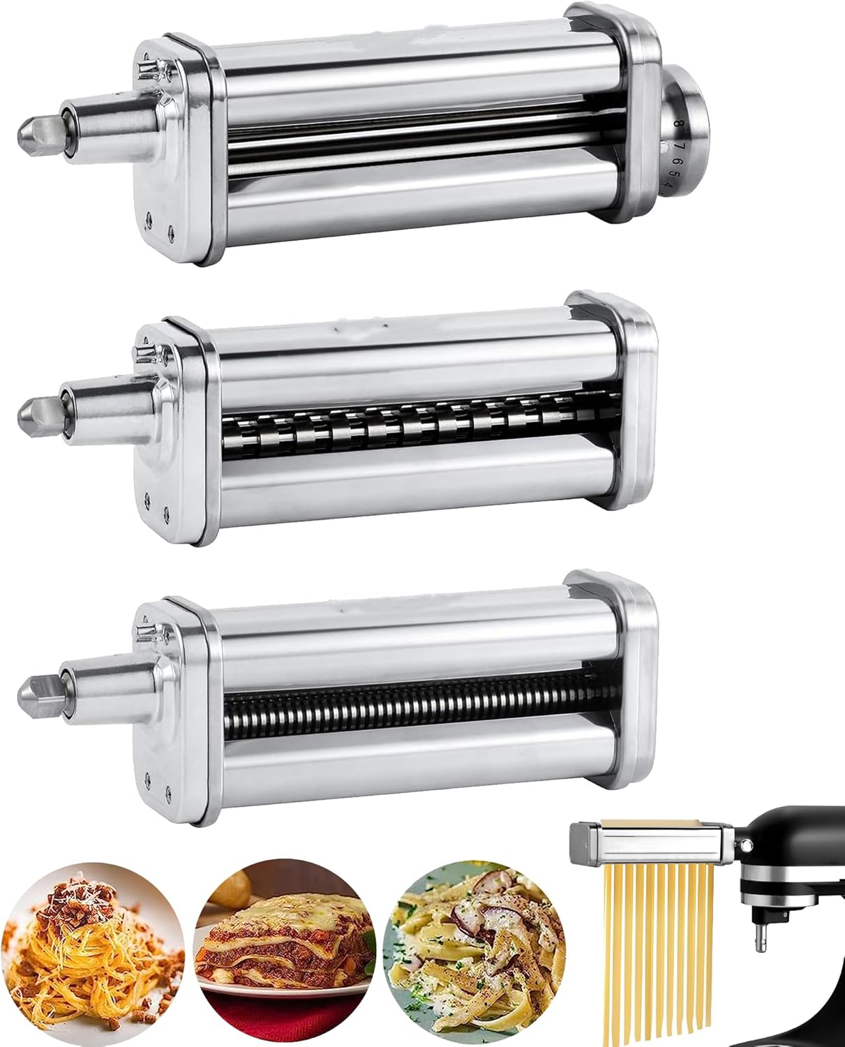 HOMGEN 3 Pack Pasta Attachment Set for All Kitchenaid Stand Mixer Including Pasta Sheet Roller, Spaghetti Cutter, Fettuccine Cutter with 8-Speed Adjustable to Enjoy Cooking Fun