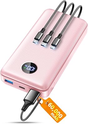 Portable Charger Power Bank, 60000mAh Battery Pack with 3 in 1 USB-CiOSMicro-USB Cable, 22.5W Fast Charging Portable Phone Charger, Travel Camping Essential Powerbank for iPhone 1716 Samsung