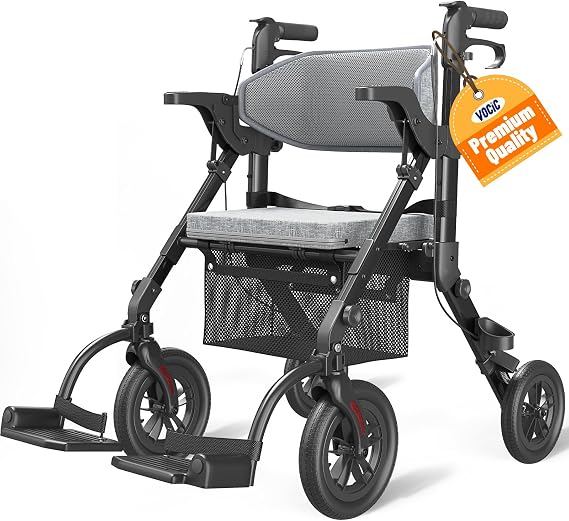 VOCIC Z51 Walker for Seniors, 2 in 1 Walker Wheelchair Combo, All Terrain | Foldable Rollator Transport Chair for Adults, Converts to Wheelchair with Detachable Footrests, Brakes&Pouch, Black
