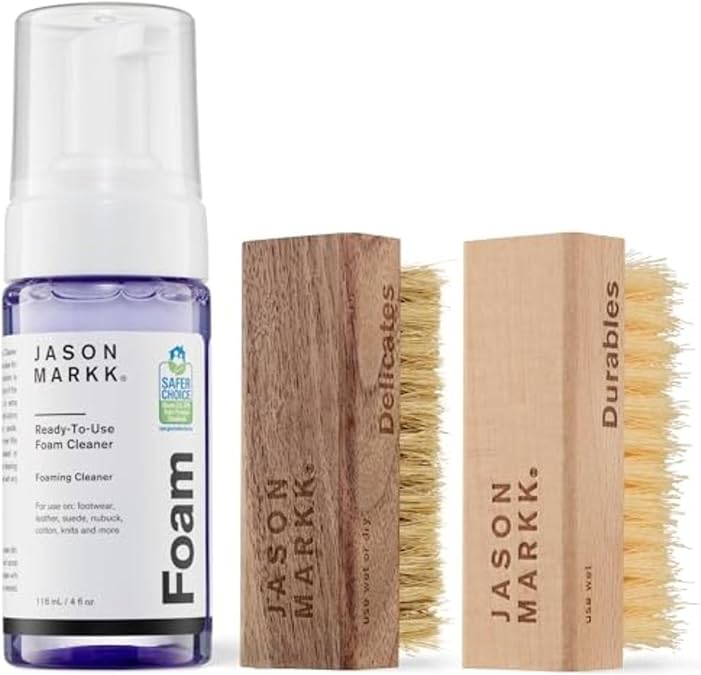 Jason Markk Quick Clean Kit Shoe Cleaner & Standard Cleaning Brush, 3-Piece Set, Ready-To-Use Foam, Delicates & Standard Brush, Sneaker Care, Ideal for Footwear