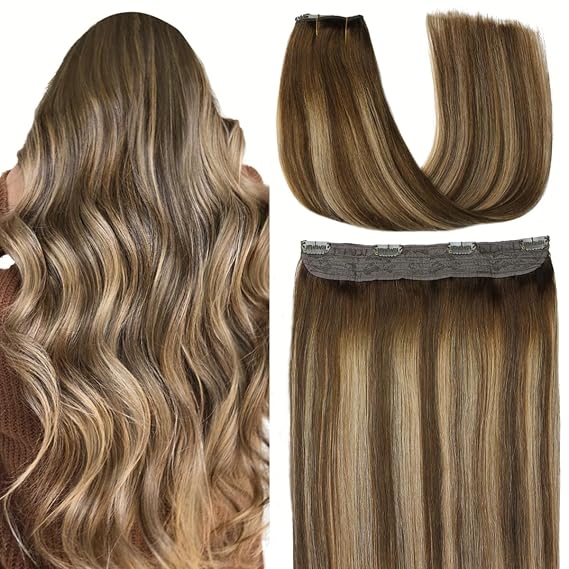 VINBAO Wire Hair Extensions Human Hair Balayage Chocolate Brown to Caramel Blonde 18in Hairpiece Wire Hair Extensions Straight Invisible Hair Extension 85g (#4274 18in)