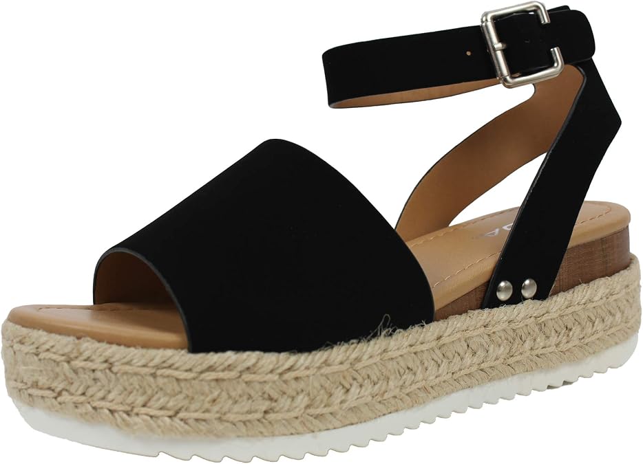 Vintage Espadrille Jute Wrap Flatform Flat Sandal Shark Tooth Eva Outsole 6 M US, Black Nubuck
