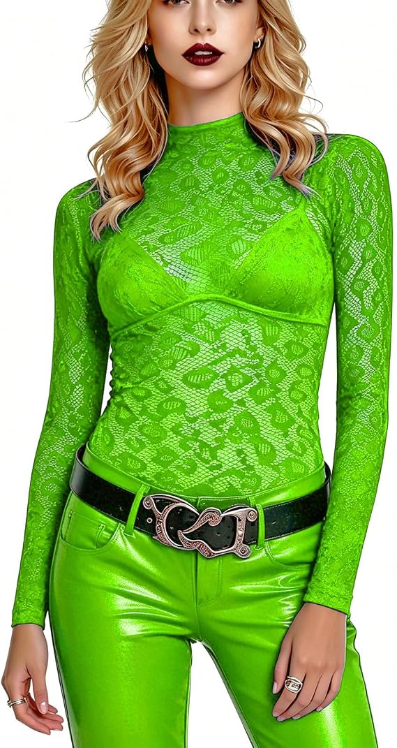 Women Sexy Leopard Print Lace Tops, Cheetah Patterned Long Sleeve Fishnet Mesh Bodycon Rave Party Shirts