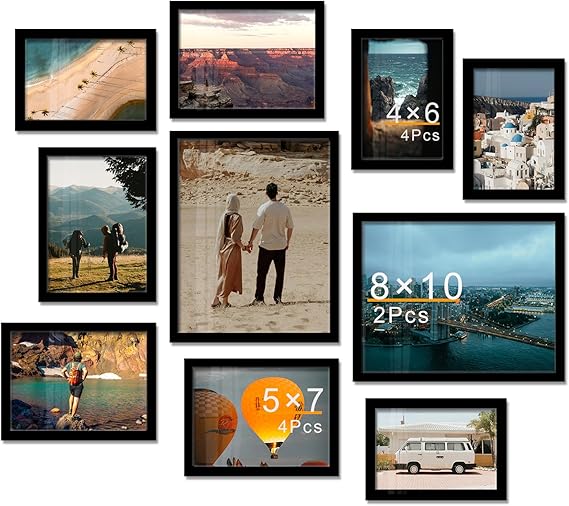 A ART·ZONE Black Picture Frames - 4x6, 5x7, 8x10-10 Pack Photo Frame Mix & Match Set for Wall Decor & Tabletop Display, Minimalist Black Frame Collection