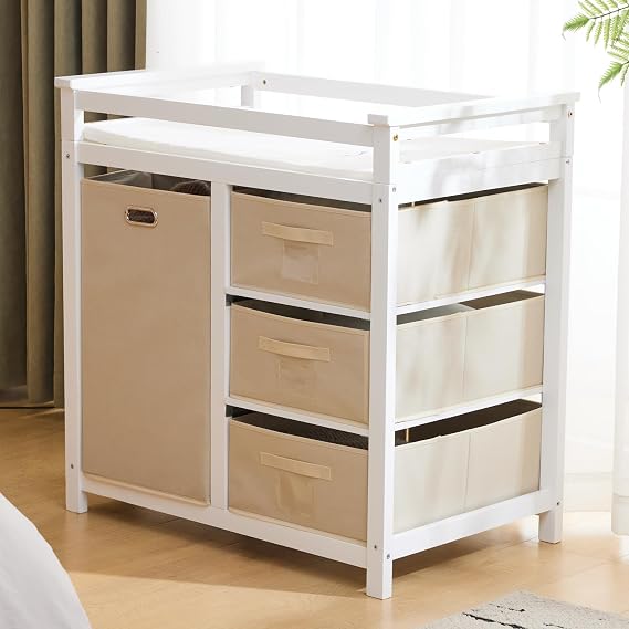 Karl home Modern Baby Changing Table with Laundry Hamper & 3 Drawers, White