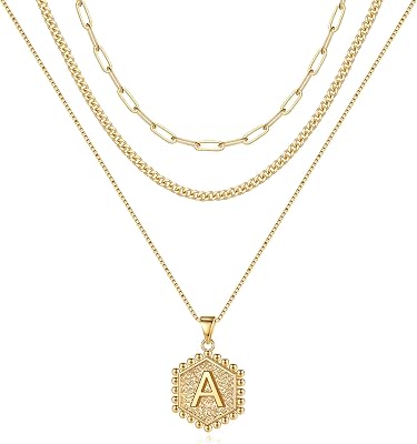 MOOHAM Layered Initial Necklaces - 14K Real Gold Plated Layered Necklace Initial Necklace Paperclip Chain for Women