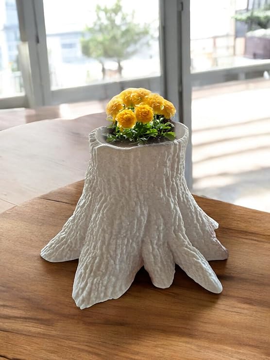 Tree Stump Flower Pot Rustic Planter for Indoor & Outdoor Plants, Succulents & Herbs | Pot for Boho Decor, Indoor Garden, Gifts for Plant Lovers (White/White Marble, Larger 9" Base | 6" Height)