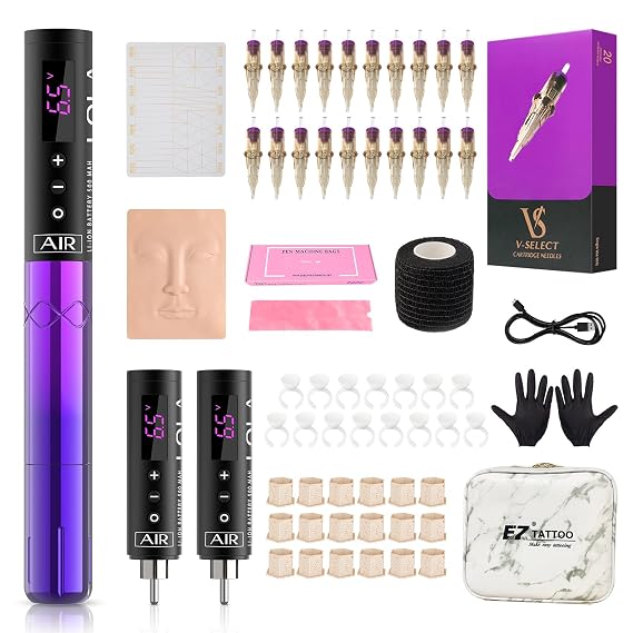 EZ Tattoo Kit - Tattoo Machine Kit Complete with Permanent Makeup Tattoo Machine Pen with 3Pcs Battery Power for Tattoo Beginners and Women Artists (Lola Air Purple Gradient)