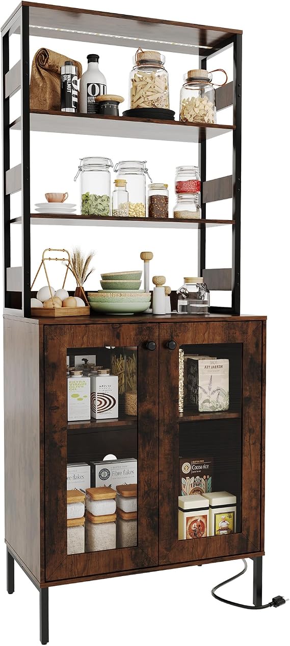 Multi-Functional Kitchen Pantry Cabinet with Power Outlets & LED Lights Tall Bakers Rack with Storage Shelves, Coffee Bar Hutch, Countertop, with Glass Doors for Kitchen, Dining Room, Hallway Brown