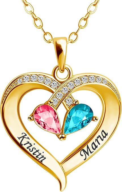 925 Sterling Silver Custom Name Necklace For Women Personalized 2 Names Necklace with 2 Heart Birthstones