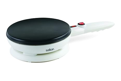 Salton Cordless Electric Crepe Maker With Bonus Batter Dish and Spatula with Non-Stick Cooking Surface, Automatic Temperature Control for 7.5" Crepes and Tortillas, Recipes Included, White (CM1337)