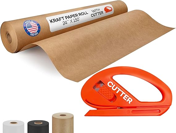 Brown Kraft Paper Roll 24" x 1800" (150 feet) with Cutter - USA-Made Quality Paper 50lb Thickness for Wrapping, Packing, Moving, Shipping, Crafts/Arts - Natural Kraft Material by IDL Packaging