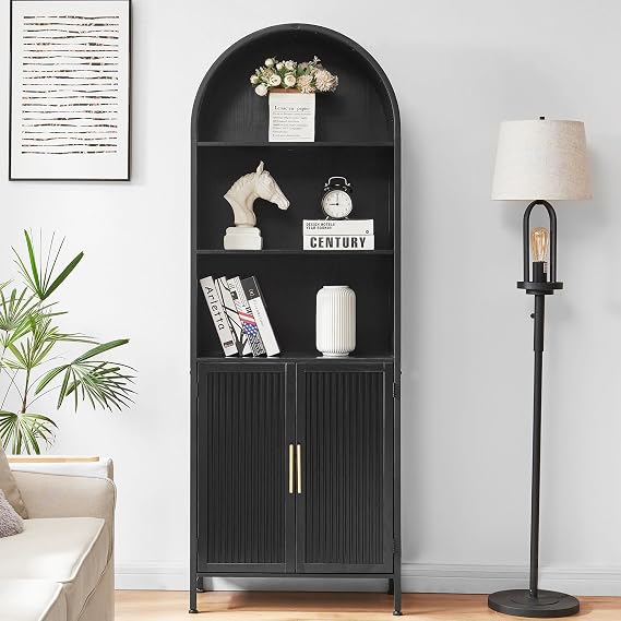 Arched Bookcase with Doors, 5-Tier Tall Display Cabinet, Industrial Floor Standing Bookshelf for Home Office, Living Room, Bedroom (Black)