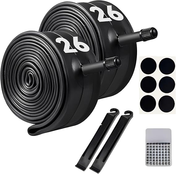 Vitog Bike Tube 26 x 1.95 Standard (32mm) Schrader Valve 26 Inch Bike Tube with 2 Tire Levers & 6 Adhesive Patches Bicycle Tube 26 x 1.75 to 2.125 Bike Tire Tube (2-Pack 32mm)
